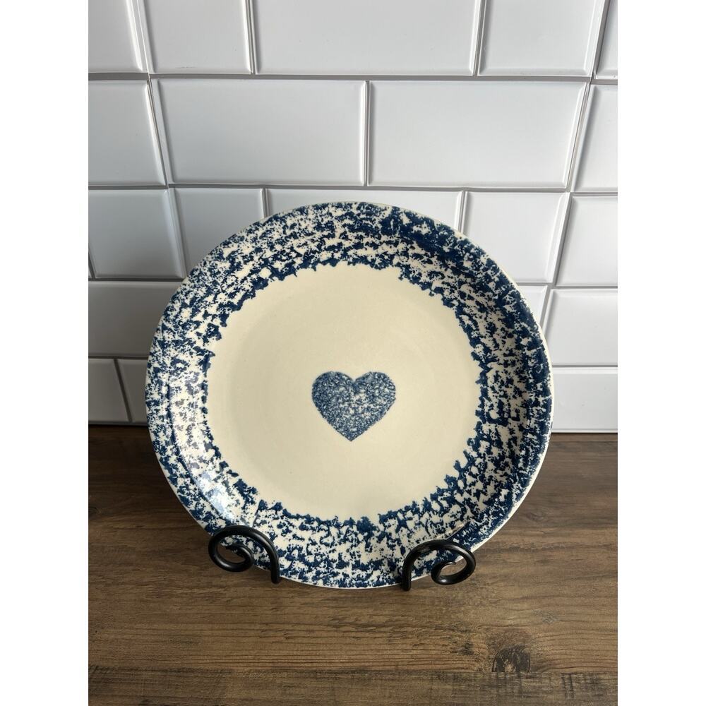 Vintage Folk Craft Hearts Sponge 10.5" Dinner Plates By Tienshan Stoneware
